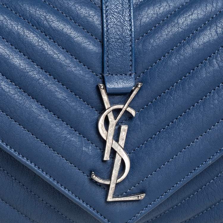 Pre Owned Saint Laurent Blue Matelassé Leather Medium College Top Handle Bag