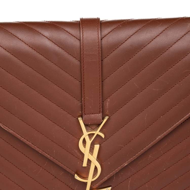 Pre Owned Saint Laurent Brown Leather Large Cassandre Flap Shoulder Bag 