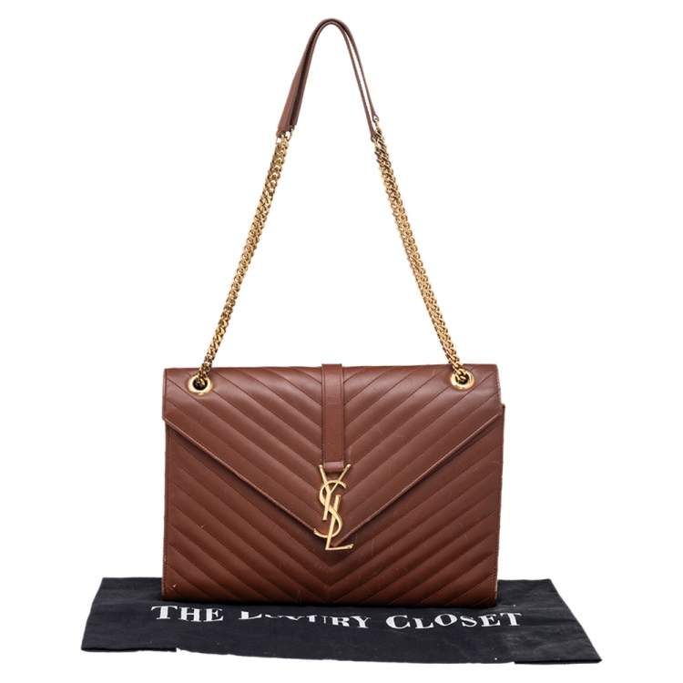 Pre Owned Saint Laurent Brown Leather Large Cassandre Flap Shoulder Bag 