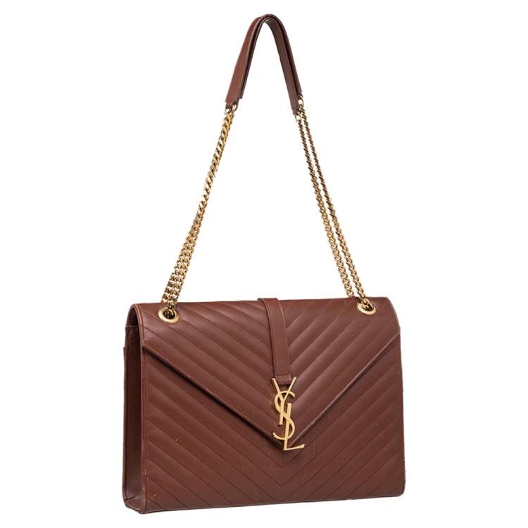 Pre Owned Saint Laurent Brown Leather Large Cassandre Flap Shoulder Bag 
