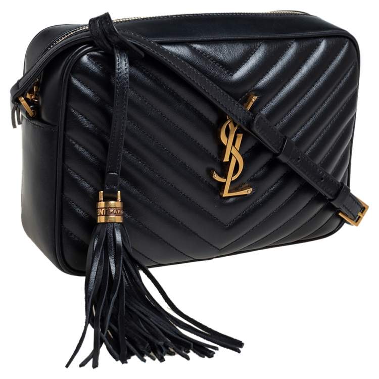 Pre Owned Saint Laurent Black Matelassé Leather Monogram Lou Camera Crossbody Bag