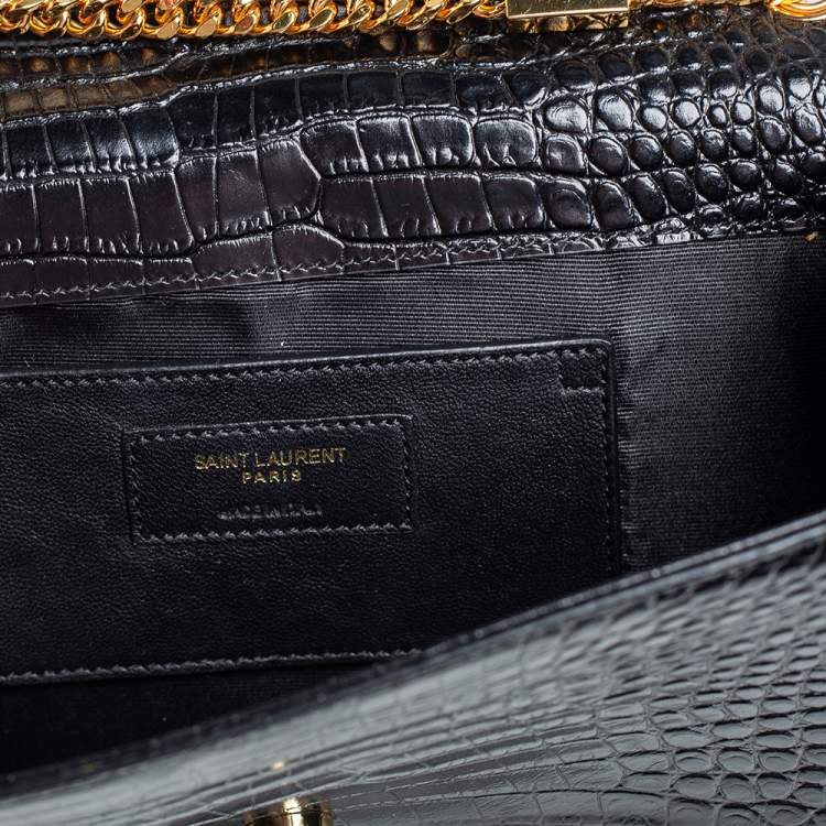 Pre Owned Saint Laurent Black Croc Embossed Leather Medium Kate Tassel Shoulder Bag