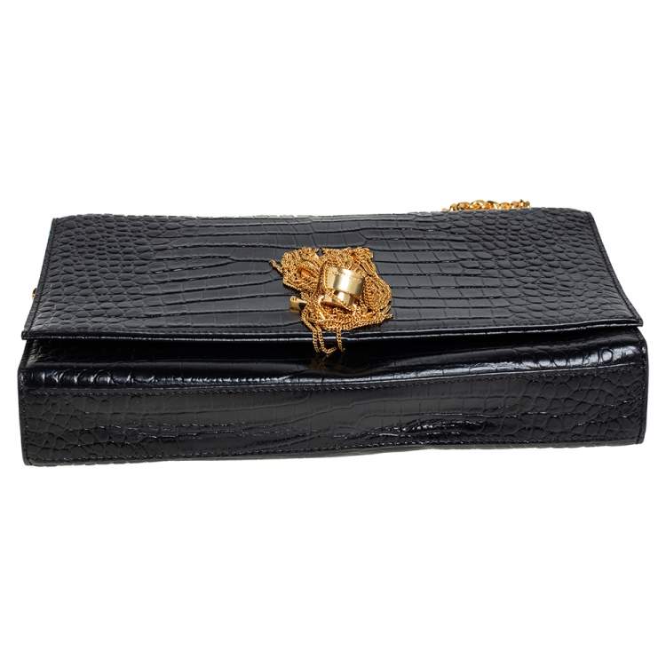 Pre Owned Saint Laurent Black Croc Embossed Leather Medium Kate Tassel Shoulder Bag