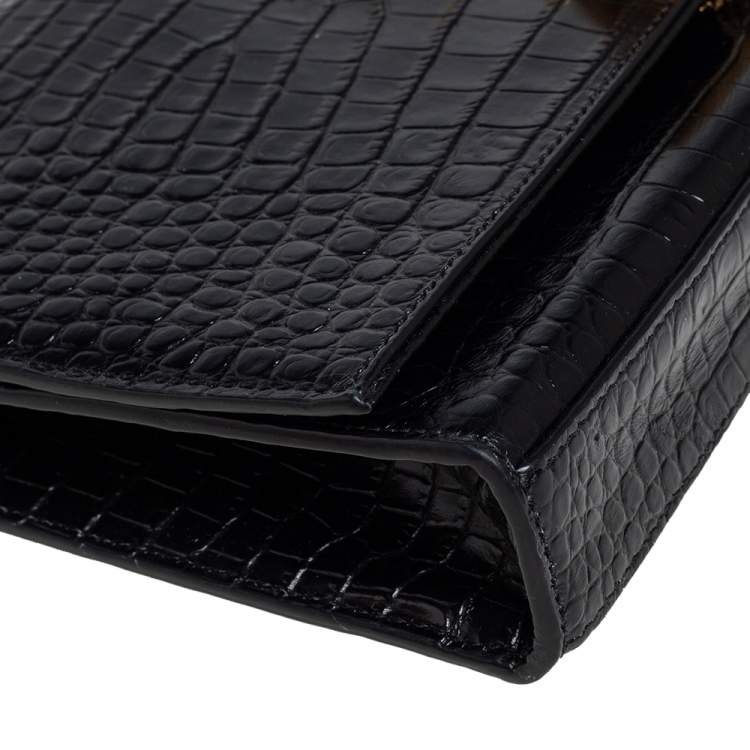 Pre Owned Saint Laurent Black Croc Embossed Leather Medium Kate Tassel Shoulder Bag