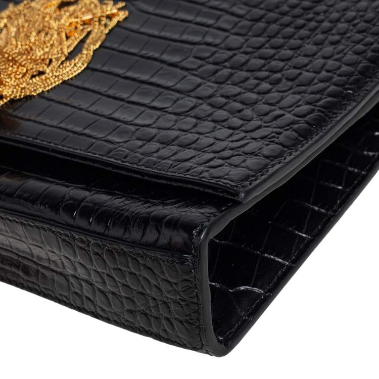 Pre Owned Saint Laurent Black Croc Embossed Leather Medium Kate Tassel Shoulder Bag