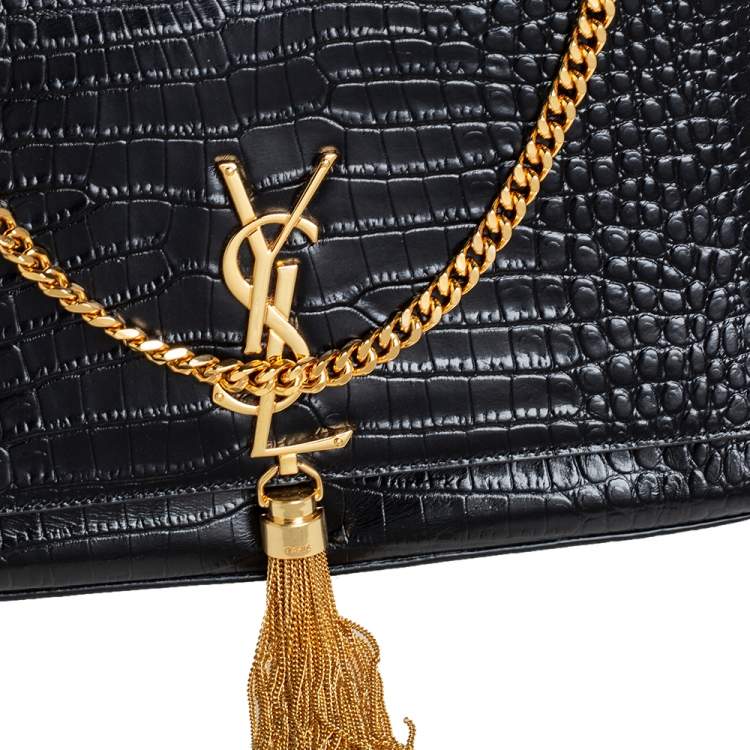 Pre Owned Saint Laurent Black Croc Embossed Leather Medium Kate Tassel Shoulder Bag