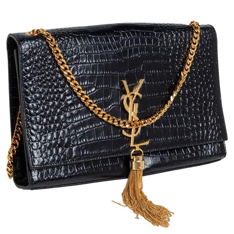 Pre Owned Saint Laurent Black Croc Embossed Leather Medium Kate Tassel Shoulder Bag