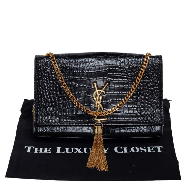 Pre Owned Saint Laurent Black Croc Embossed Leather Medium Kate Tassel Shoulder Bag