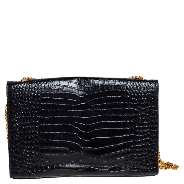 Pre Owned Saint Laurent Black Croc Embossed Leather Medium Kate Tassel Shoulder Bag