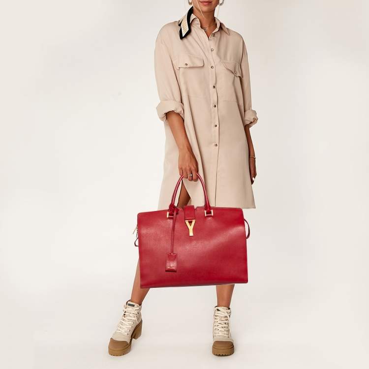Pre Owned Saint Laurent Red Textured Leather Large Y Cabas Chyc Tote