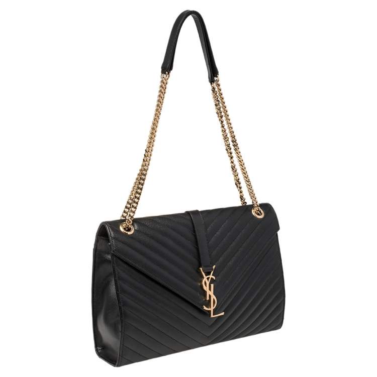 Pre Owned Saint Laurent Black Chevron Quilted Leather Monogram Envelope Shoulder Bag