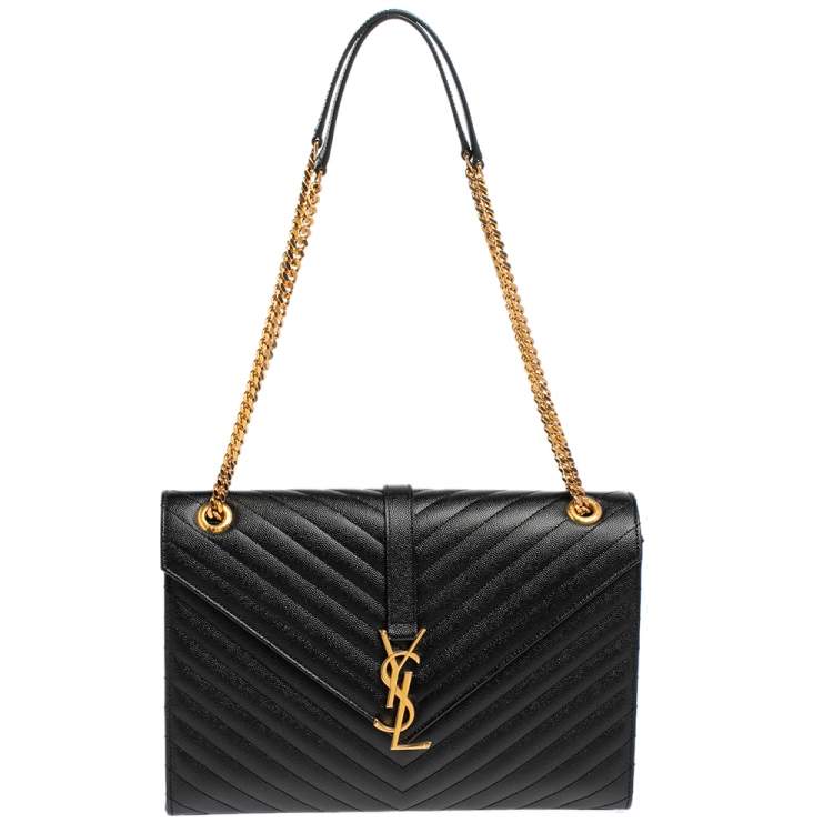 Pre Owned Saint Laurent Black Chevron Quilted Leather Monogram Envelope Shoulder Bag