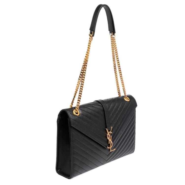 Pre Owned Saint Laurent Black Chevron Quilted Leather Monogram Envelope Shoulder Bag