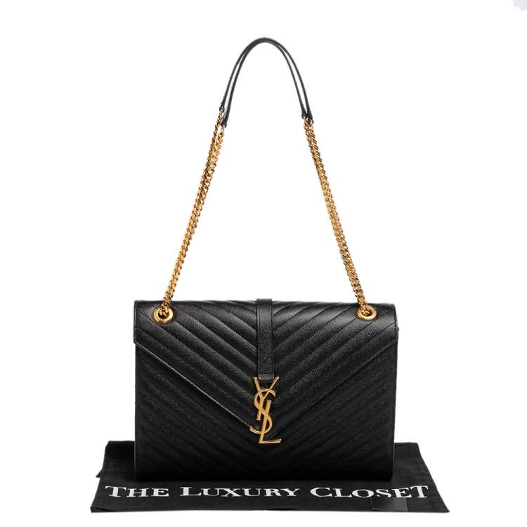 Pre Owned Saint Laurent Black Chevron Quilted Leather Monogram Envelope Shoulder Bag