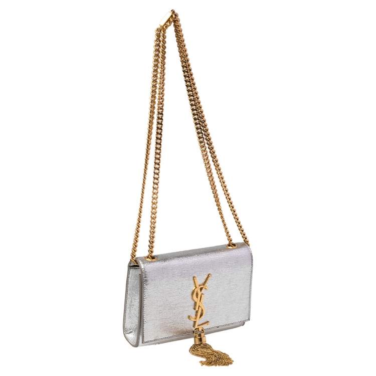 Pre Owned Saint Laurent Silver Textured Leather Small Kate Tassel Crossbody Bag
