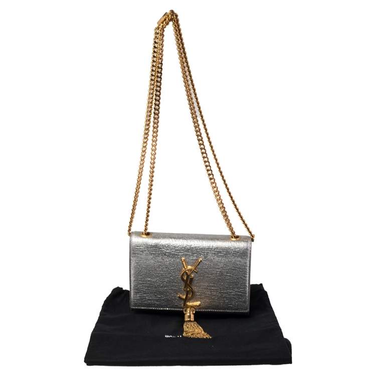 Pre Owned Saint Laurent Silver Textured Leather Small Kate Tassel Crossbody Bag