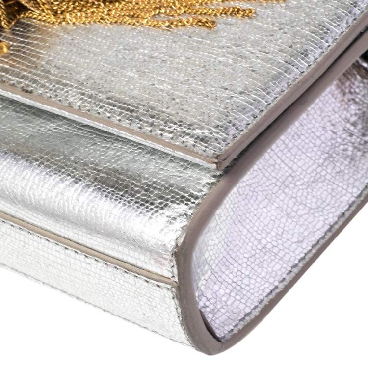 Pre Owned Saint Laurent Silver Textured Leather Small Kate Tassel Crossbody Bag