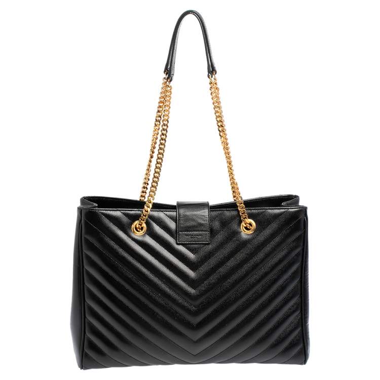 Pre Owned Saint Laurent Black Matelassé Leather Cassandre Shopper Tote