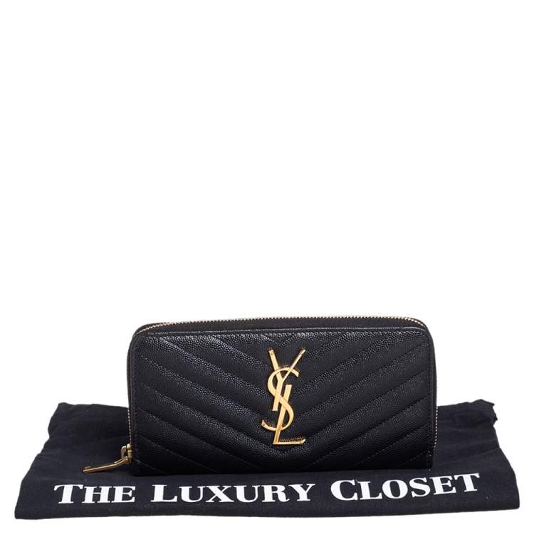 Pre Owned Saint Laurent Black Matelassé Leather Monogram Zip Around Wallet