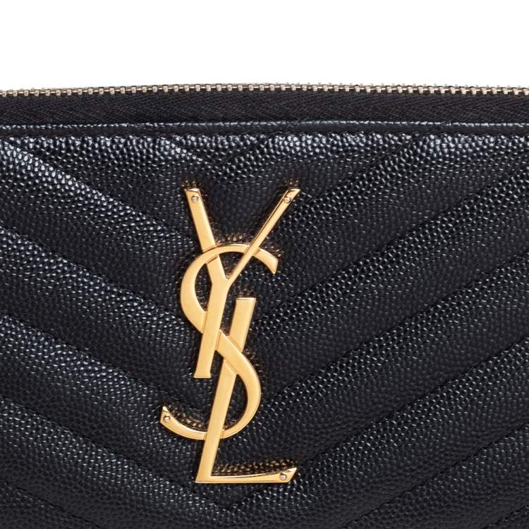 Pre Owned Saint Laurent Black Matelassé Leather Monogram Zip Around Wallet