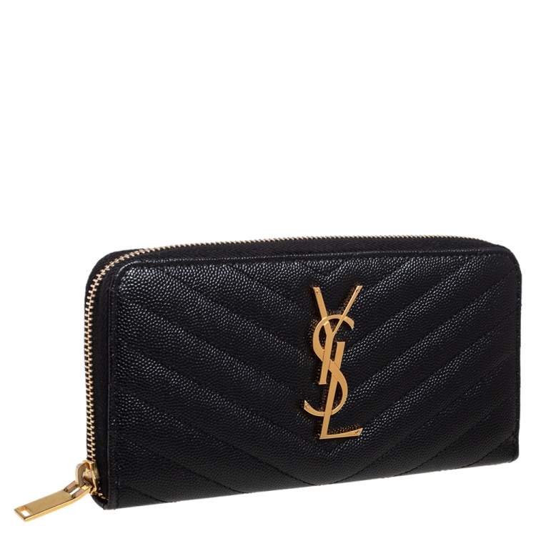 Pre Owned Saint Laurent Black Matelassé Leather Monogram Zip Around Wallet