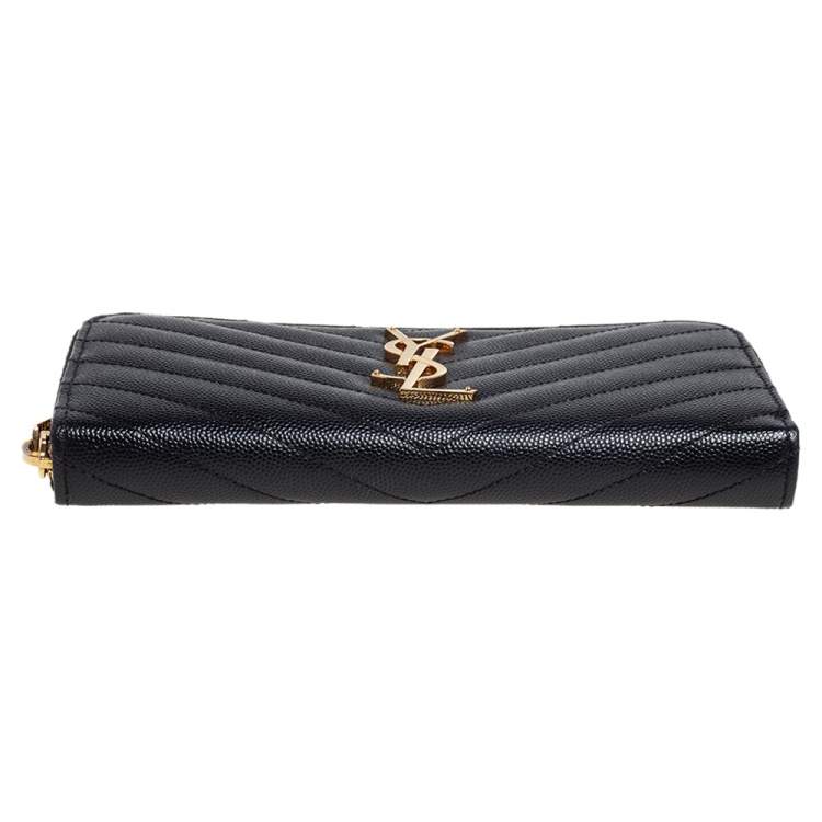 Pre Owned Saint Laurent Black Matelassé Leather Monogram Zip Around Wallet