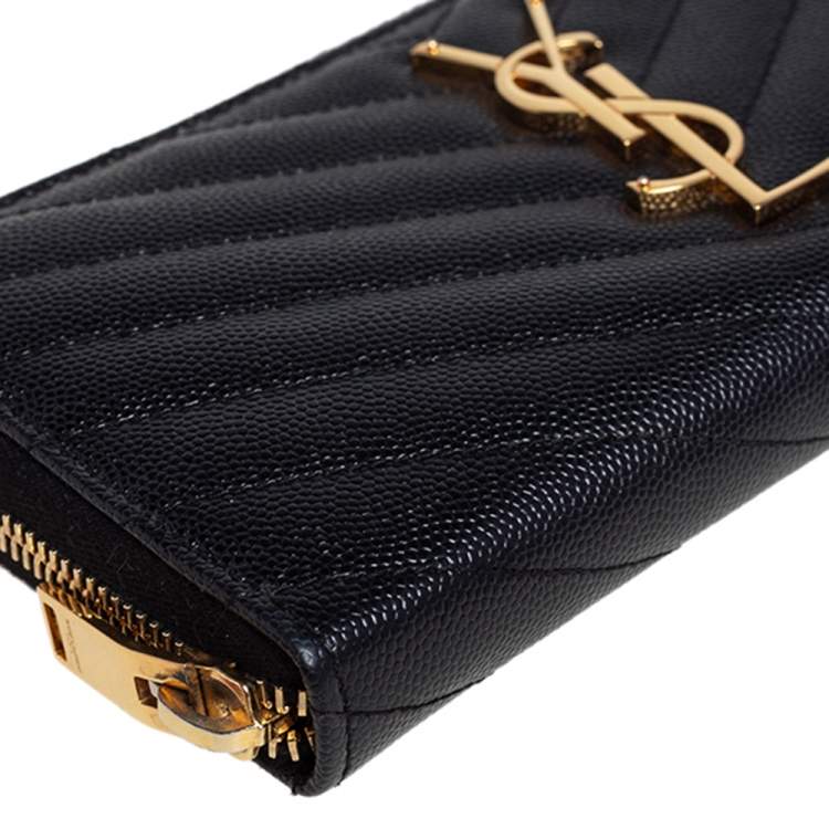 Pre Owned Saint Laurent Black Matelassé Leather Monogram Zip Around Wallet