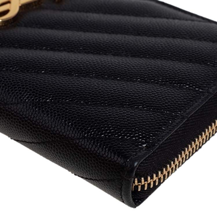 Pre Owned Saint Laurent Black Matelassé Leather Monogram Zip Around Wallet