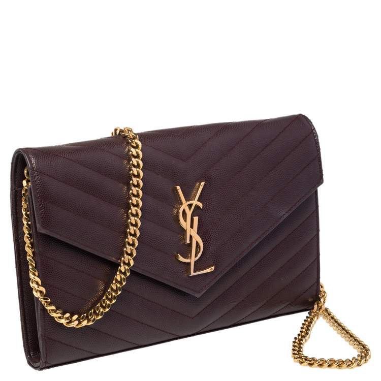 Pre Owned Saint Laurent Burgundy Matelassé Leather Monogram Envelope Wallet on Chain