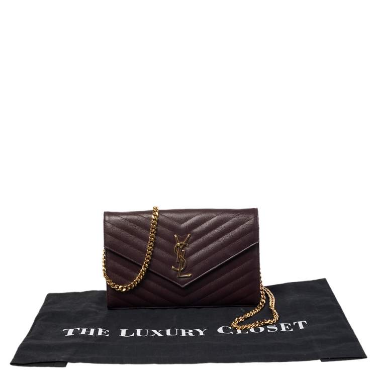 Pre Owned Saint Laurent Burgundy Matelassé Leather Monogram Envelope Wallet on Chain