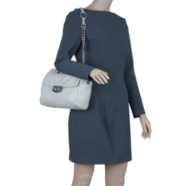 Pre Owned Yves Saint Laurent White Crocodile-Embossed Leather Flap Bag