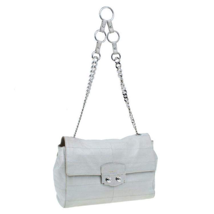 Pre Owned Yves Saint Laurent White Crocodile-Embossed Leather Flap Bag