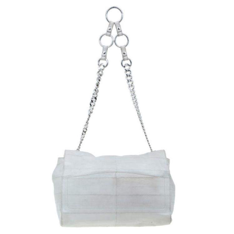 Pre Owned Yves Saint Laurent White Crocodile-Embossed Leather Flap Bag