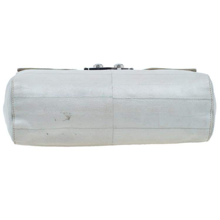 Pre Owned Yves Saint Laurent White Crocodile-Embossed Leather Flap Bag