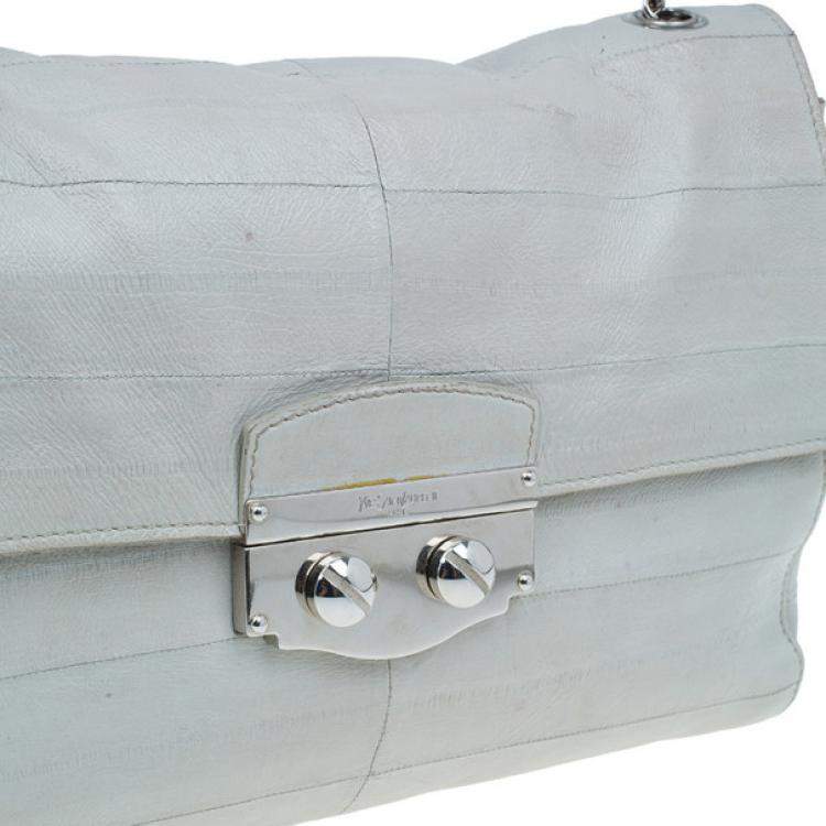 Pre Owned Yves Saint Laurent White Crocodile-Embossed Leather Flap Bag