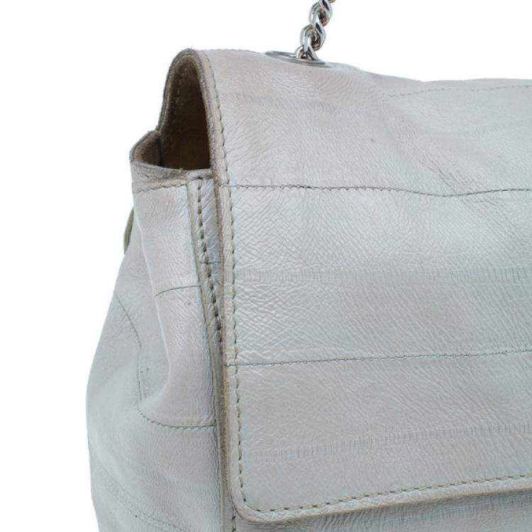 Pre Owned Yves Saint Laurent White Crocodile-Embossed Leather Flap Bag