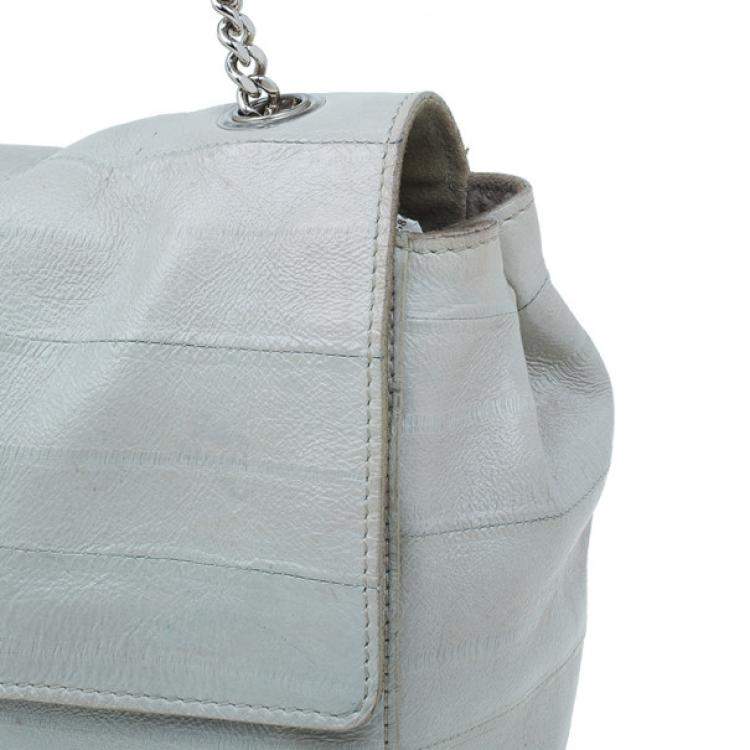 Pre Owned Yves Saint Laurent White Crocodile-Embossed Leather Flap Bag
