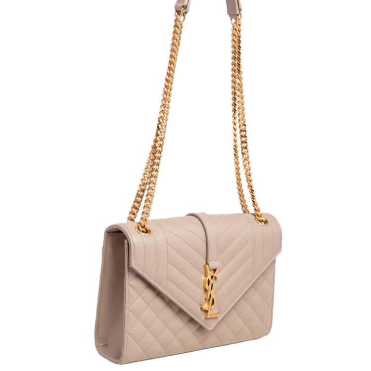 Pre Owned Saint Laurent Beige Tri Quilted Leather Monogram Envelope Shoulder Bag