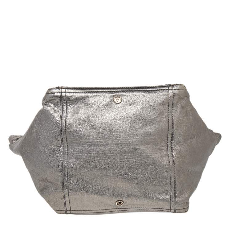Pre Owned Yves Saint Laurent Grey Metallic Leather Downtown Tote