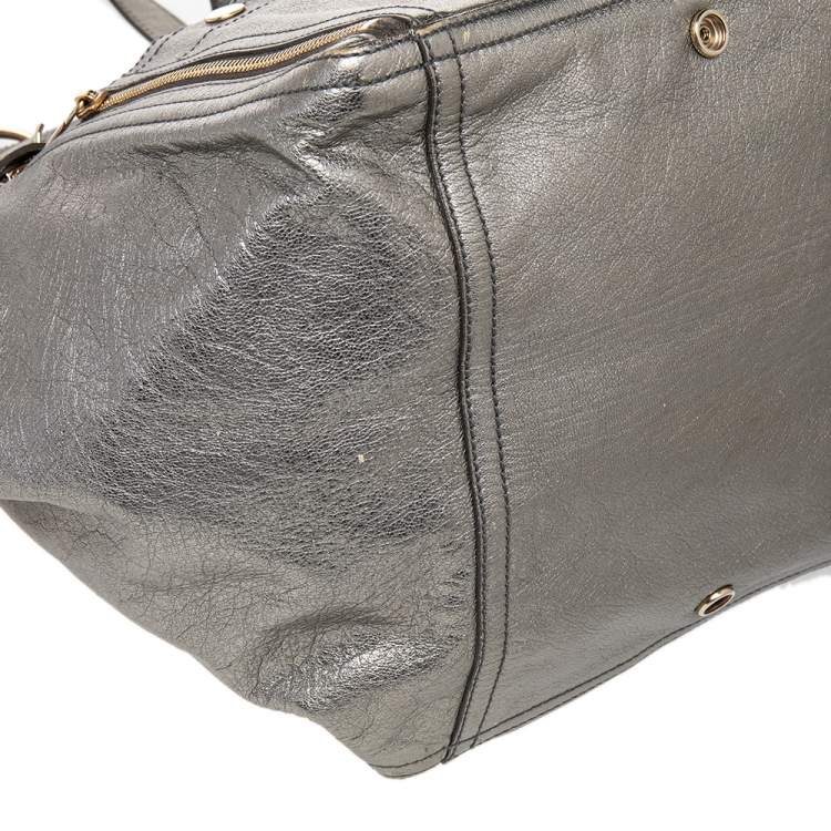 Pre Owned Yves Saint Laurent Grey Metallic Leather Downtown Tote