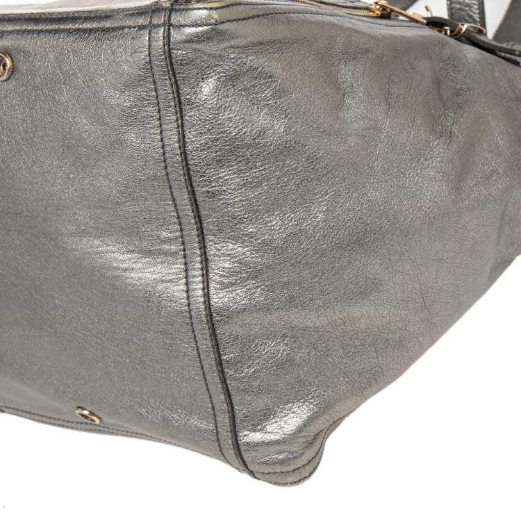 Pre Owned Yves Saint Laurent Grey Metallic Leather Downtown Tote