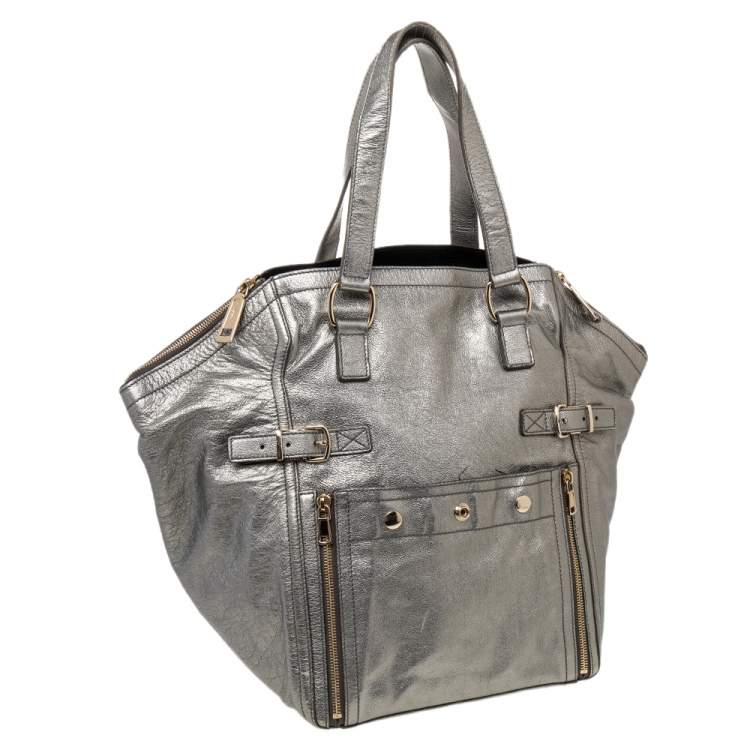 Pre Owned Yves Saint Laurent Grey Metallic Leather Downtown Tote