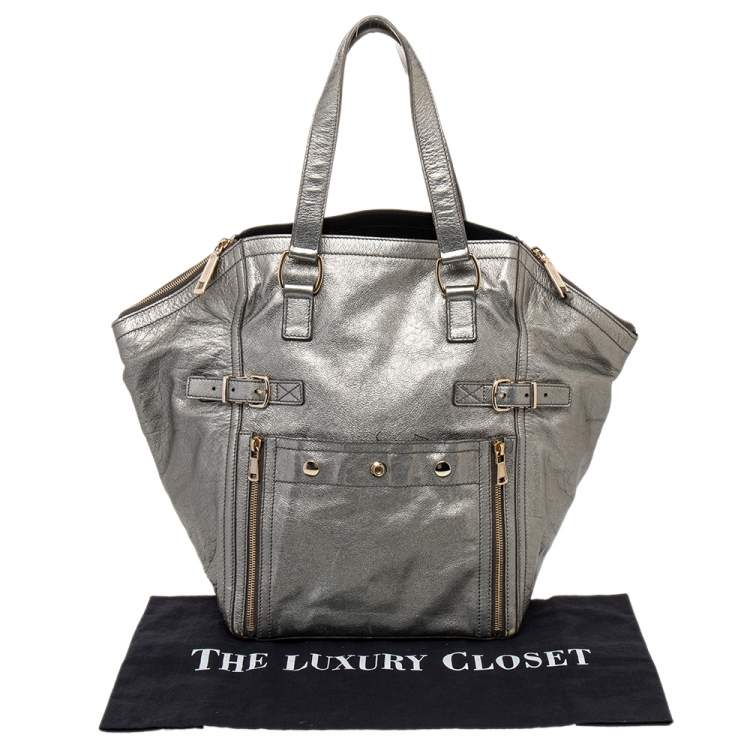 Pre Owned Yves Saint Laurent Grey Metallic Leather Downtown Tote