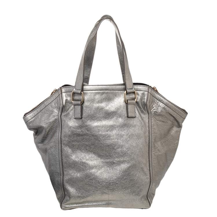 Pre Owned Yves Saint Laurent Grey Metallic Leather Downtown Tote
