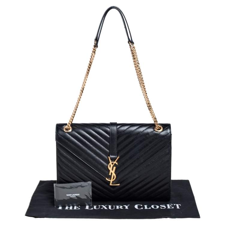 Pre Owned Saint Laurent Black Chevron Quilted Leather Monogram Envelope Shoulder Bag