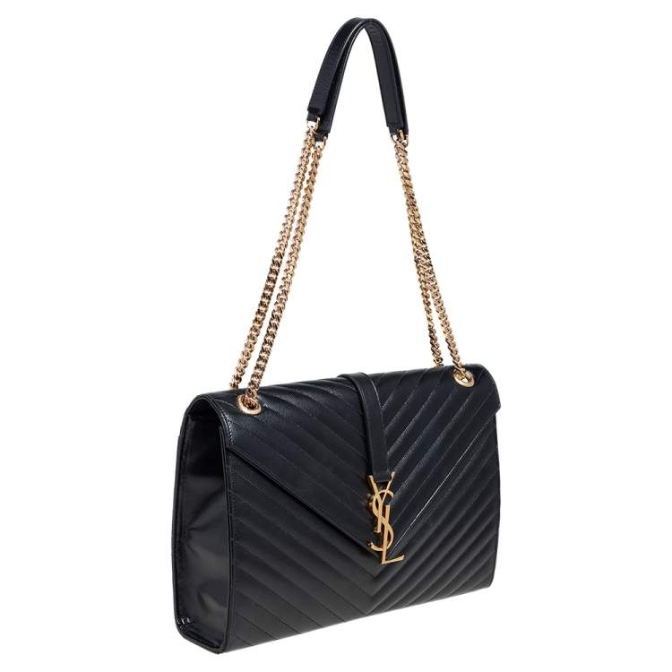Pre Owned Saint Laurent Black Chevron Quilted Leather Monogram Envelope Shoulder Bag