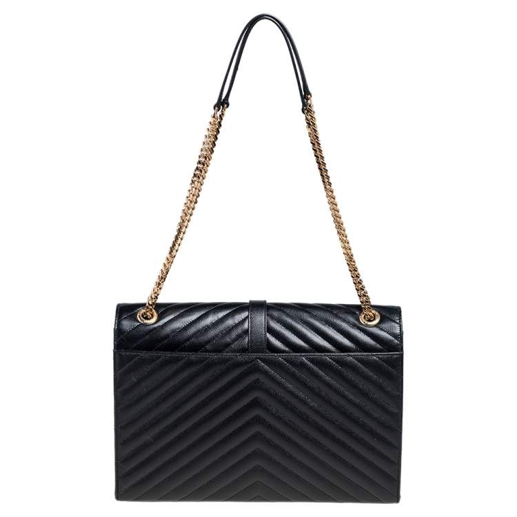 Pre Owned Saint Laurent Black Chevron Quilted Leather Monogram Envelope Shoulder Bag