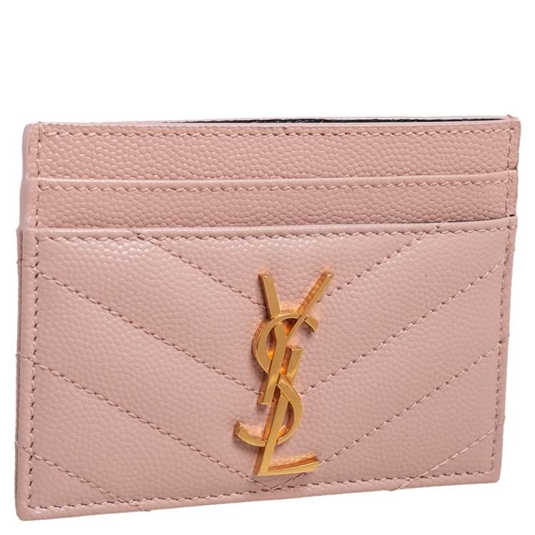 Pre Owned Saint Laurent Pink Matelassé Leather Monogram Card Holder