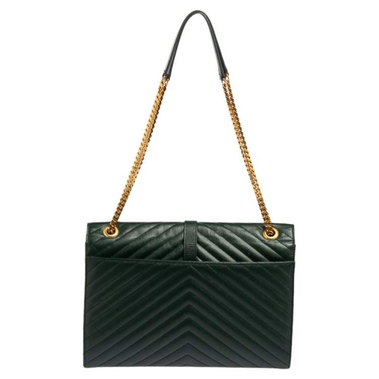 Pre Owned Saint Laurent Green Chevron Quilted Leather Monogram Envelope Shoulder Bag