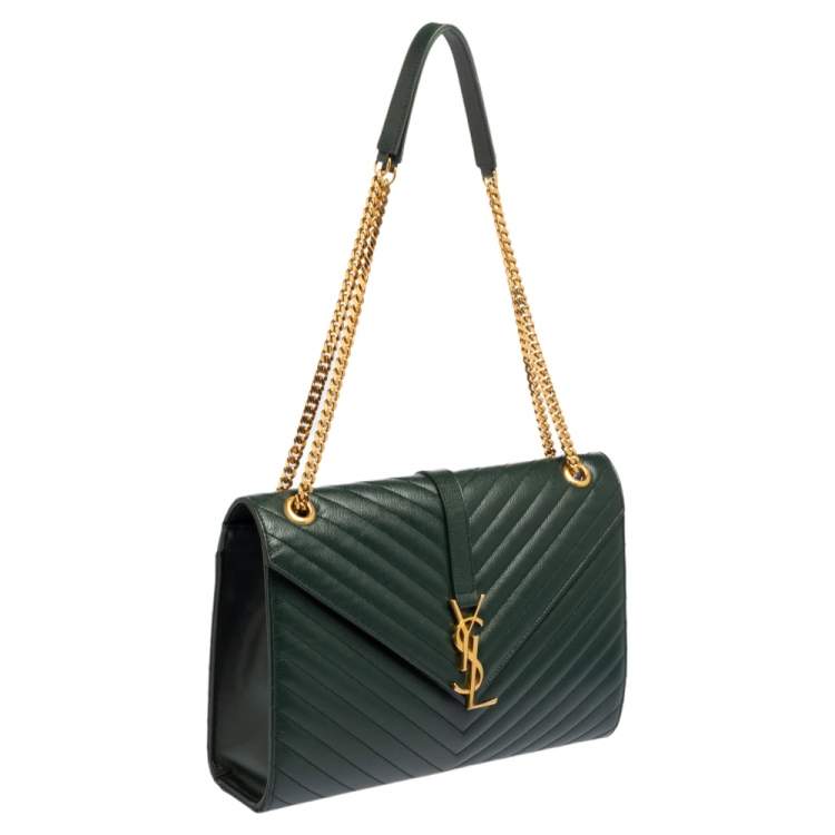 Pre Owned Saint Laurent Green Chevron Quilted Leather Monogram Envelope Shoulder Bag